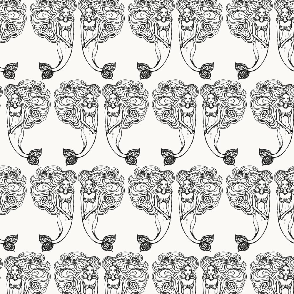 Tempaper Black Block Print Mermaids Removable Peel and Stick Coastal Wallpaper, 20.5 in X 16.5 ft, Made in The USA Onyx