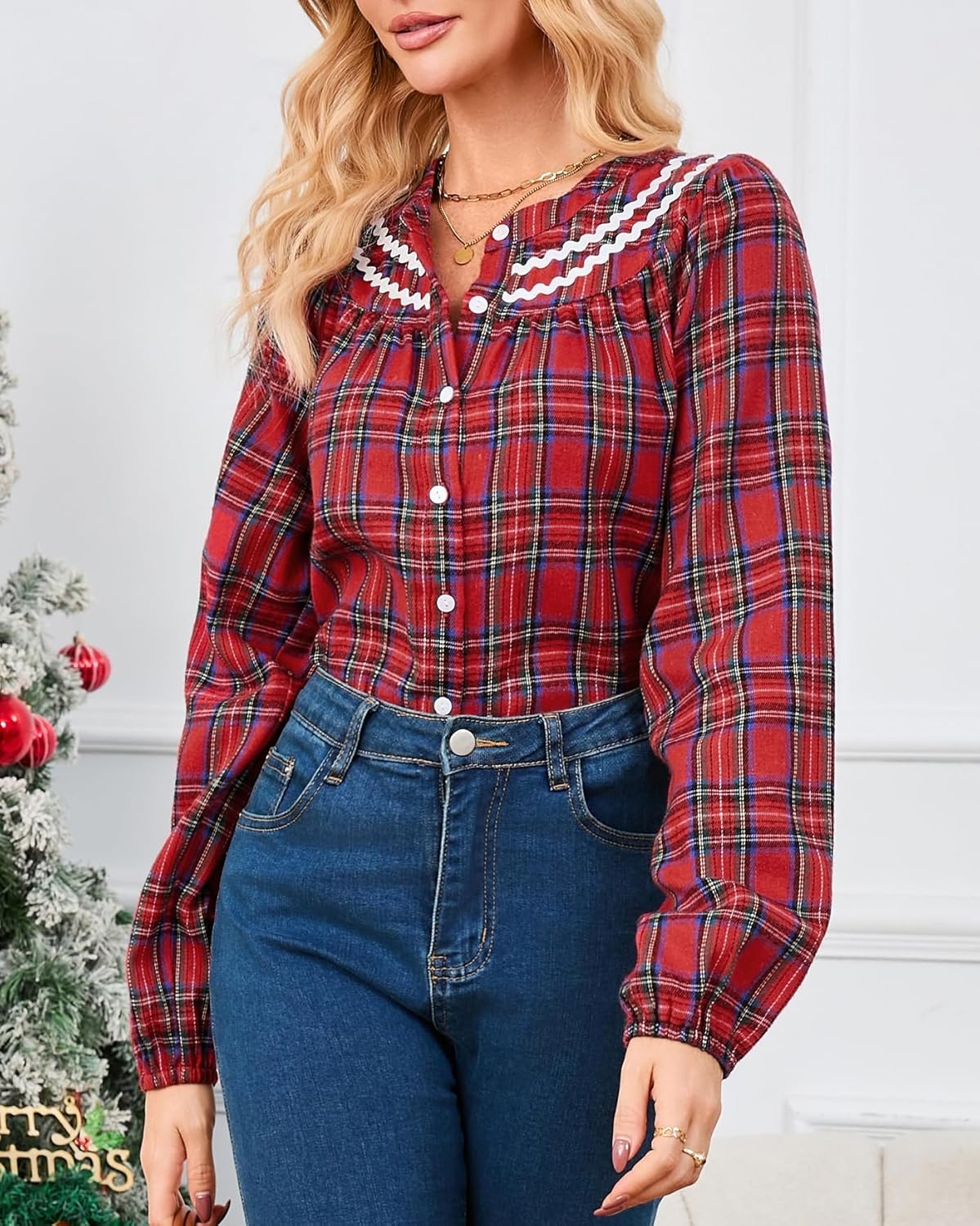 Womens Long Sleeve Plaid Shirt Button Down Tartan Blouses Christmas RIC Rac Collared Checkered Fall Winter Tops - Image 5
