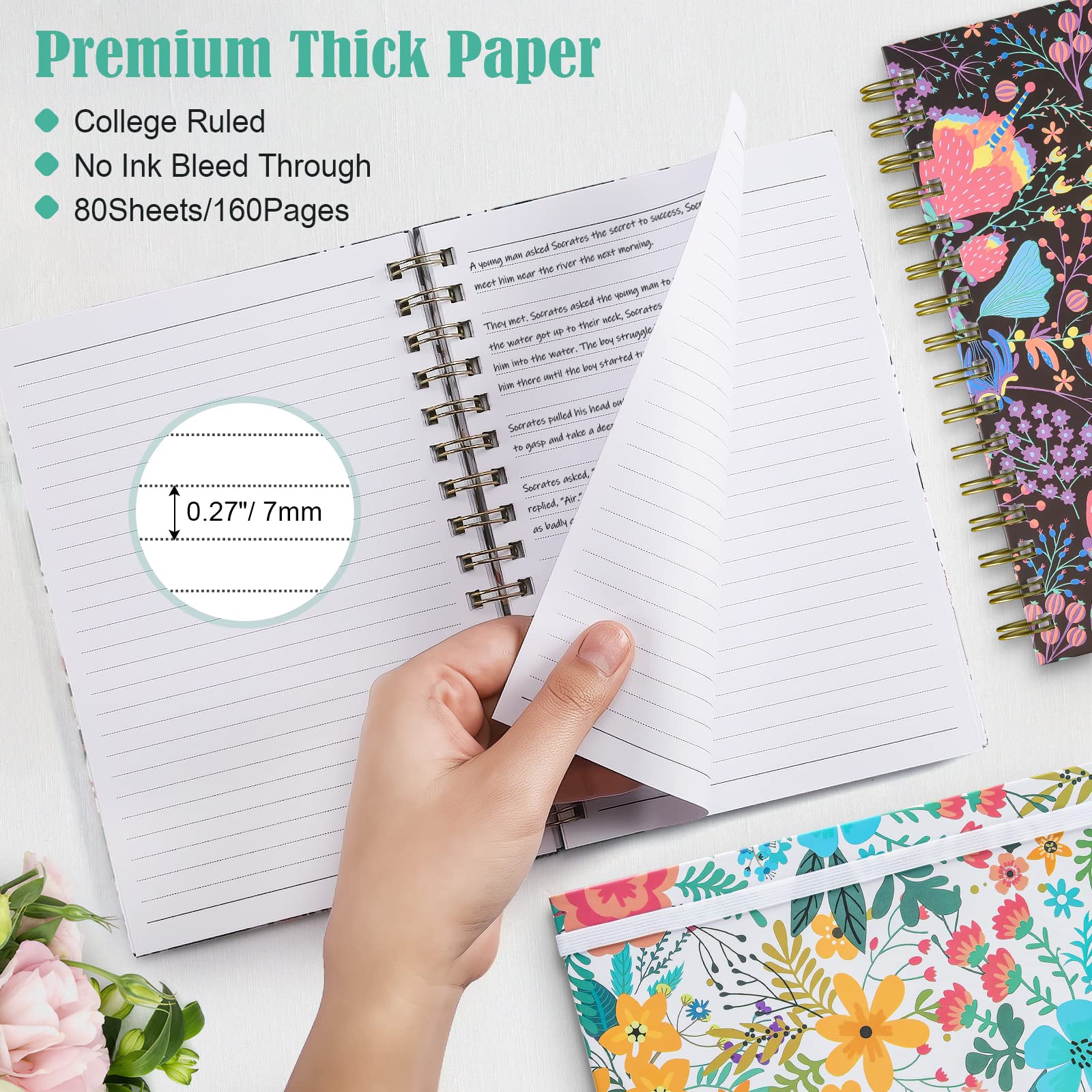 Quaderno a spirale, B5 a righe, da donna, con copertina rigida, con 2 tasche, grandi quaderni a righe universitarie, 19 x 25,4 cm, 160 pagine, per ufficio, materiale scolastico, regali
