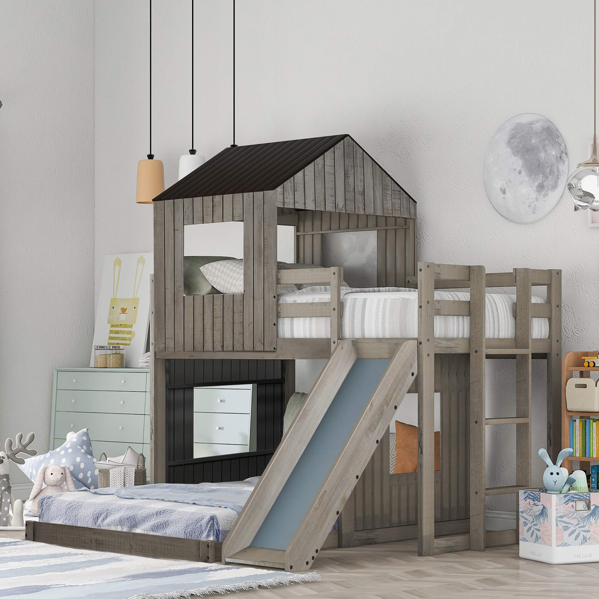 Twin Over Full Bunk Bed Wooden Loft Bed with Playhouse, Farmhouse