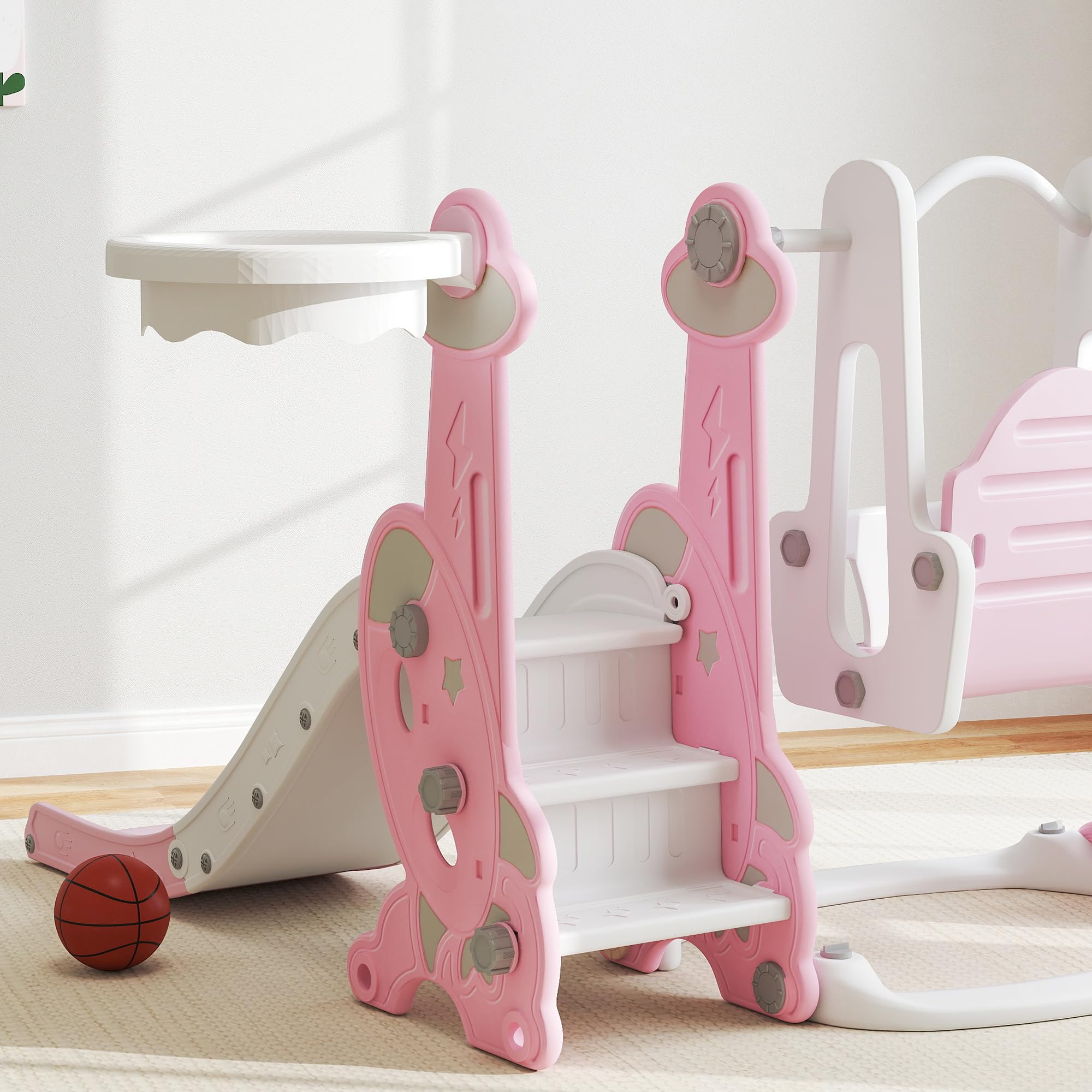 AIYAPLAY Tobogán Infantil 4 en 1 Parque Infantil con Columpio y Tobogán Escalador Aro de Baloncesto Temática de Cohete para Interior Rosa y Blanco