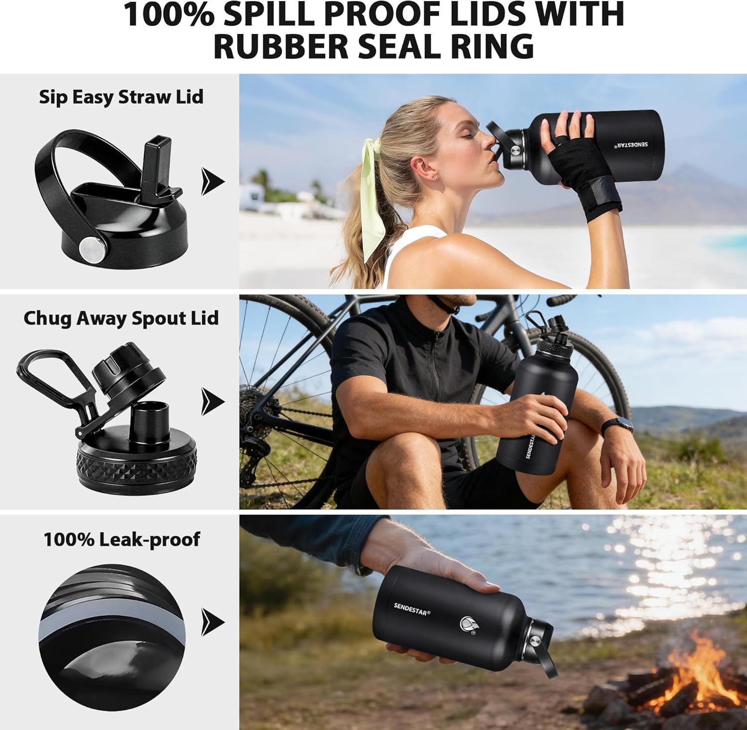 Insulated Water Bottle 64 oz, Triple Wall Vacuum Stainless Steel Water Bottles (Cold for 48 Hrs), Leak Proof & Non-BPA, Half Gallon Water Flask Jug Wide Mouth Straw Lid & Spout Lid - Image 3