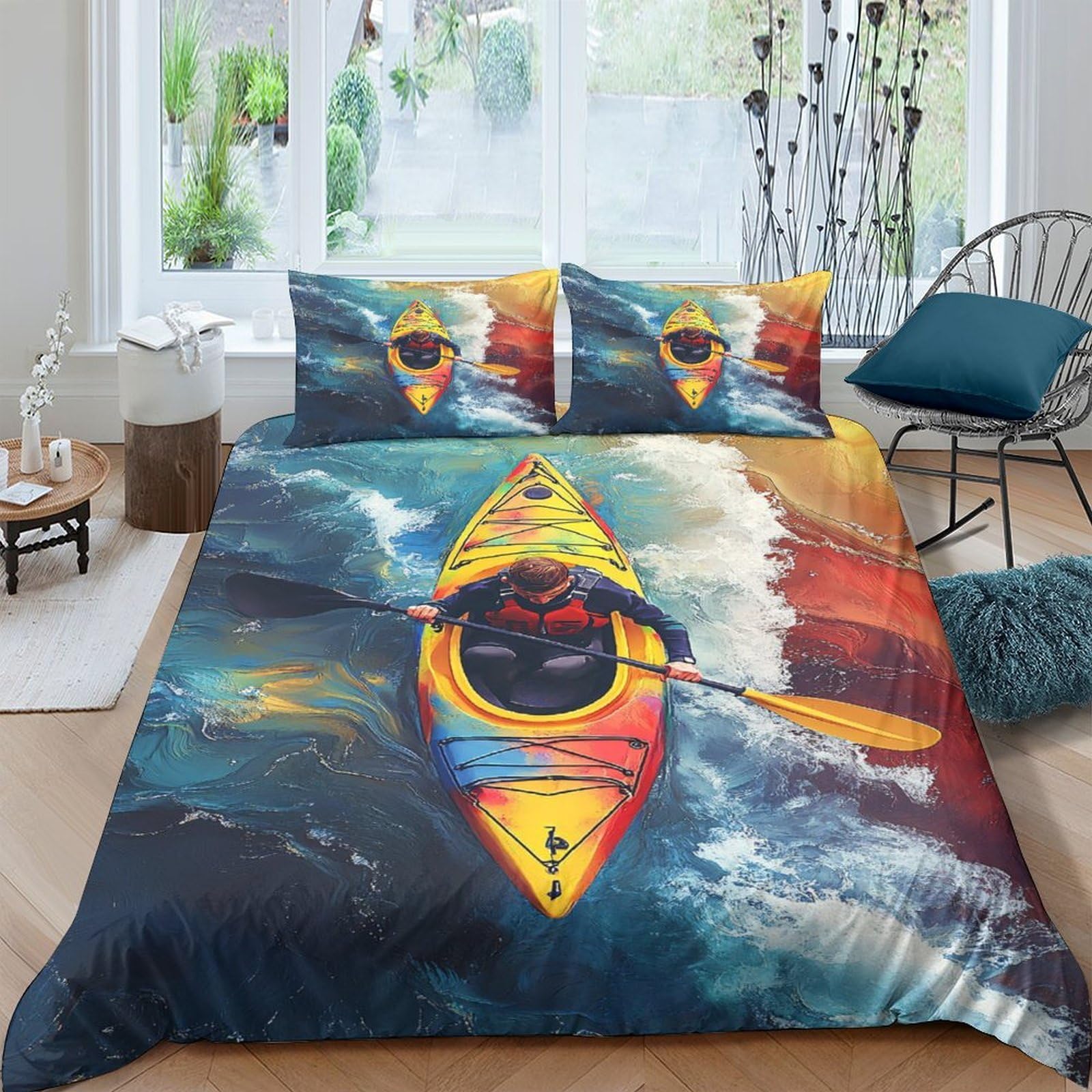 Ctjqhvkz Style-5 3D Printed Kayak Adventure Fitted Sheet Microfiber Soft Watercolor River Mattress Cover For Bedroom Dorm Decor Single（135X200cm）