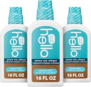 Hello Peace Out Plaque Alcohol-Free Mouthwash, Natural Mint with Aloe Vera & Coconut Oil, Fluoride-Free Vegan Pack of 3 (16oz Each)