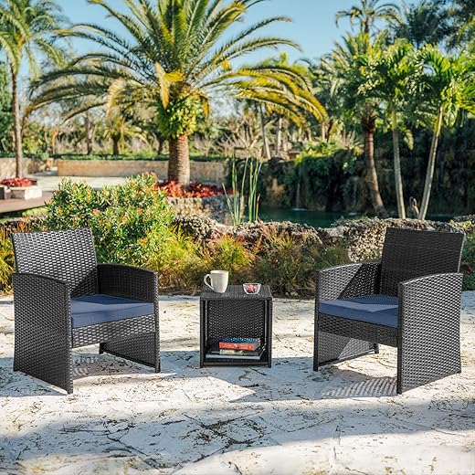 Nestl Wicker Patio Furniture Set - 3 Piece Bistro Table and Chairs Set of 2, Front Porch Furniture Set, Patio Chairs Set of 2, Outdoor Patio Set, Patio Conversation Sets (Grey/Navy)