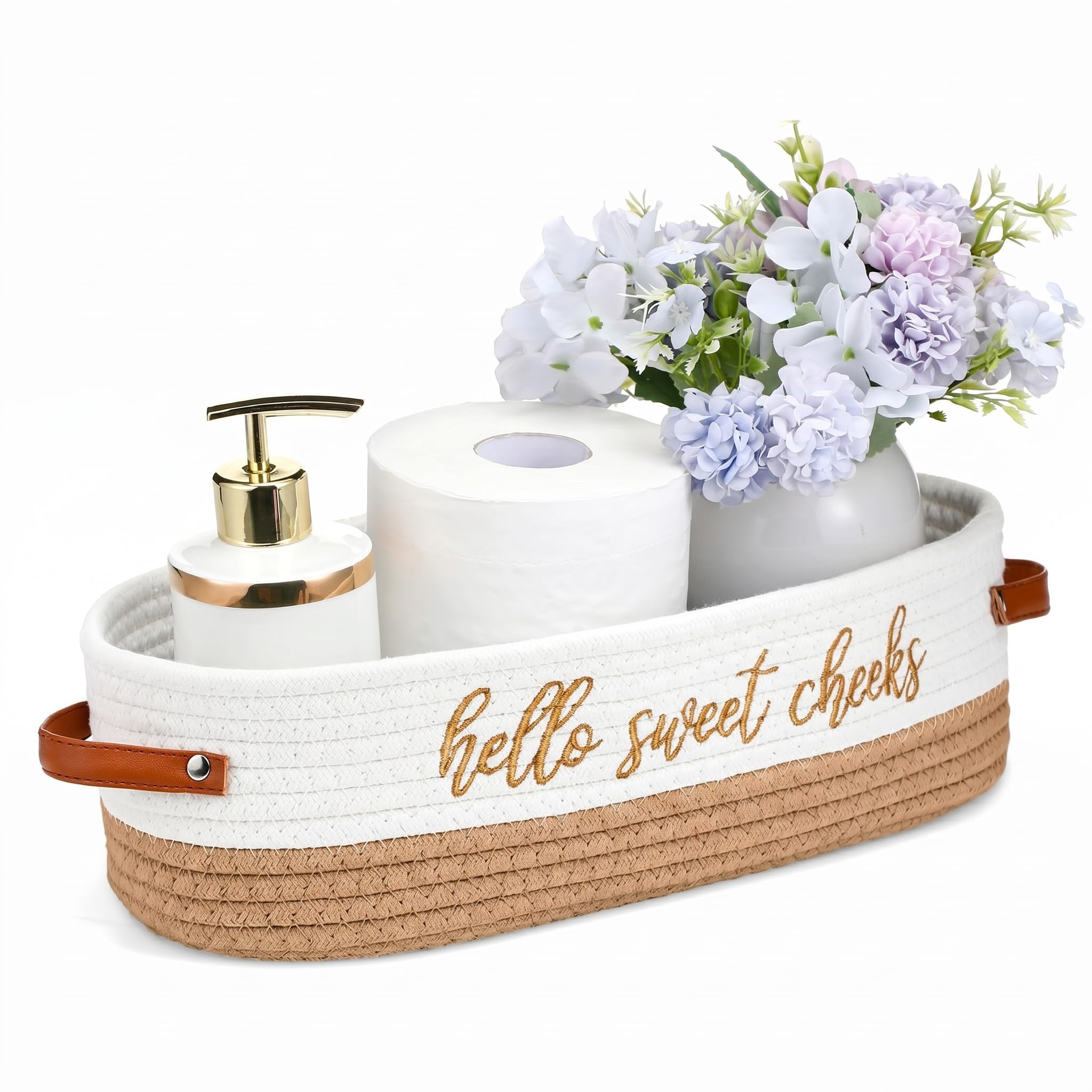 Hello Sweet Cheeks Brown White Bathroom Decor Toilet Paper Basket