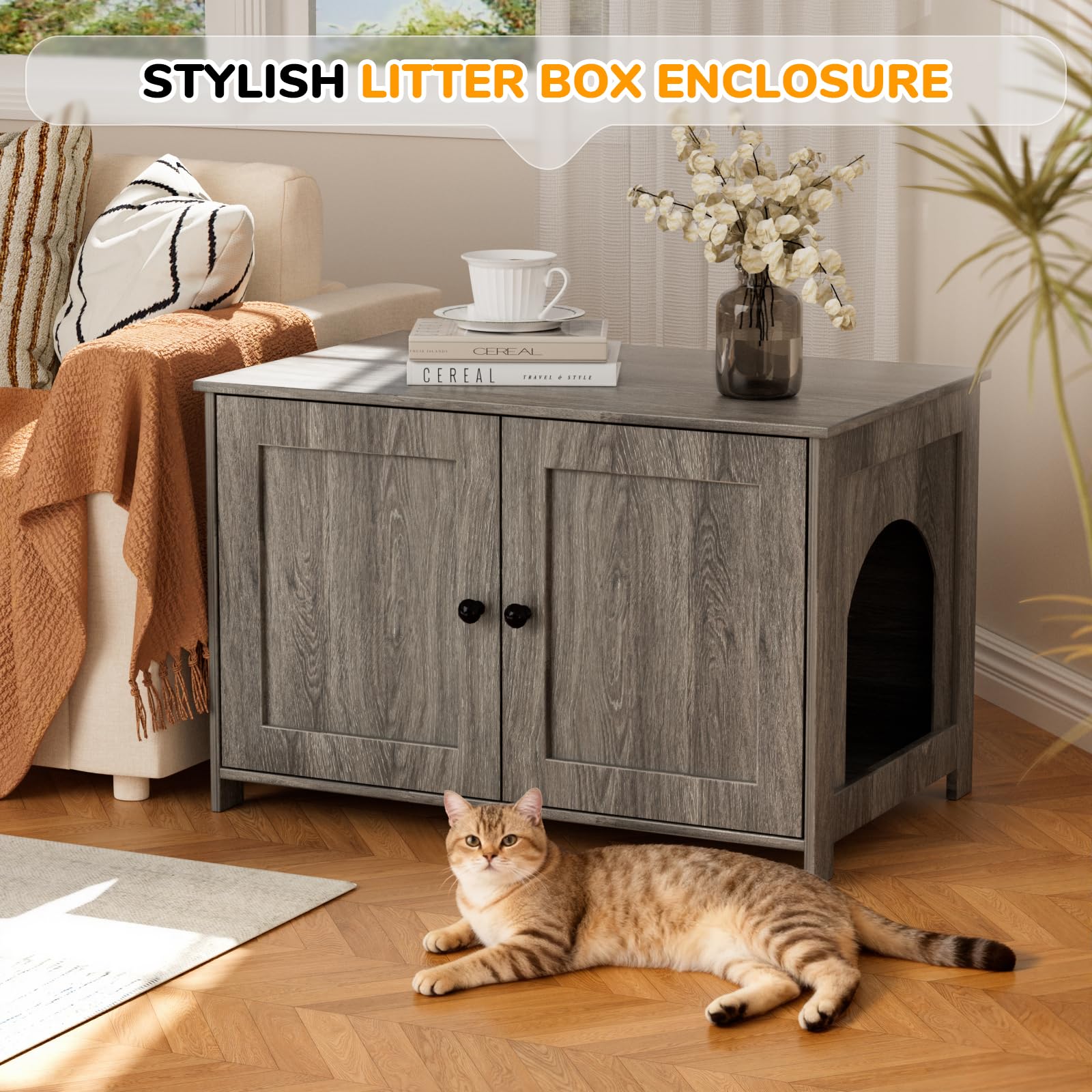 Cat Litter Box Enclosure Furniture Dog Proof, Hidden Kitty Washroom Low Entry, Wooden Cat Boxes Enclosure Odor Control for Home, Farmhouse Style Decorative Cabinet with Storage,Oak Grey - image 8