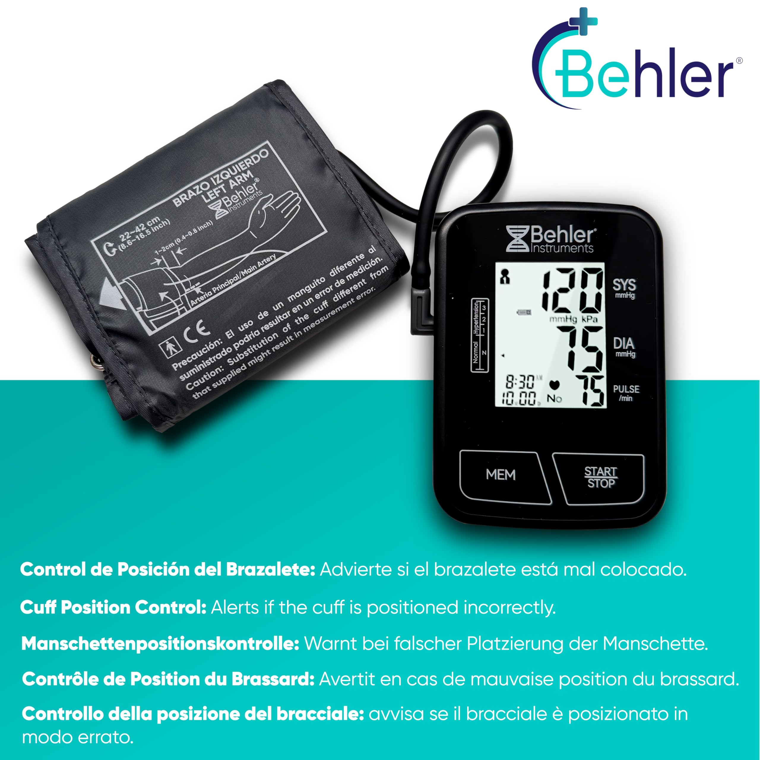 Tensiometro Brazo Digital Behler BDP-12C3 Automático – Medidor de Tensión Arterial con Voz (ES/FR/DE/EN) – Brazalete 22-42 cm – Detección de Arritmias y Promedio