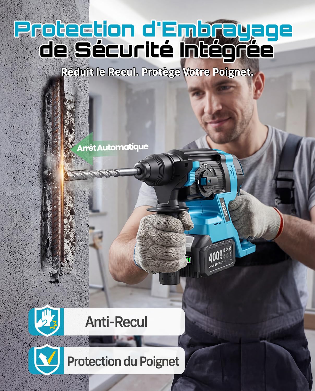 SEESII 2,8J Marteau Perforateur Sans Fil, SDS Plus, Moteur Brushless, 4 en 1 avec 2 Batteries 4.0Ah (Compatible avec les batteries Makita 18 V), pour Béton et Rénovation, avec Forets, Burins