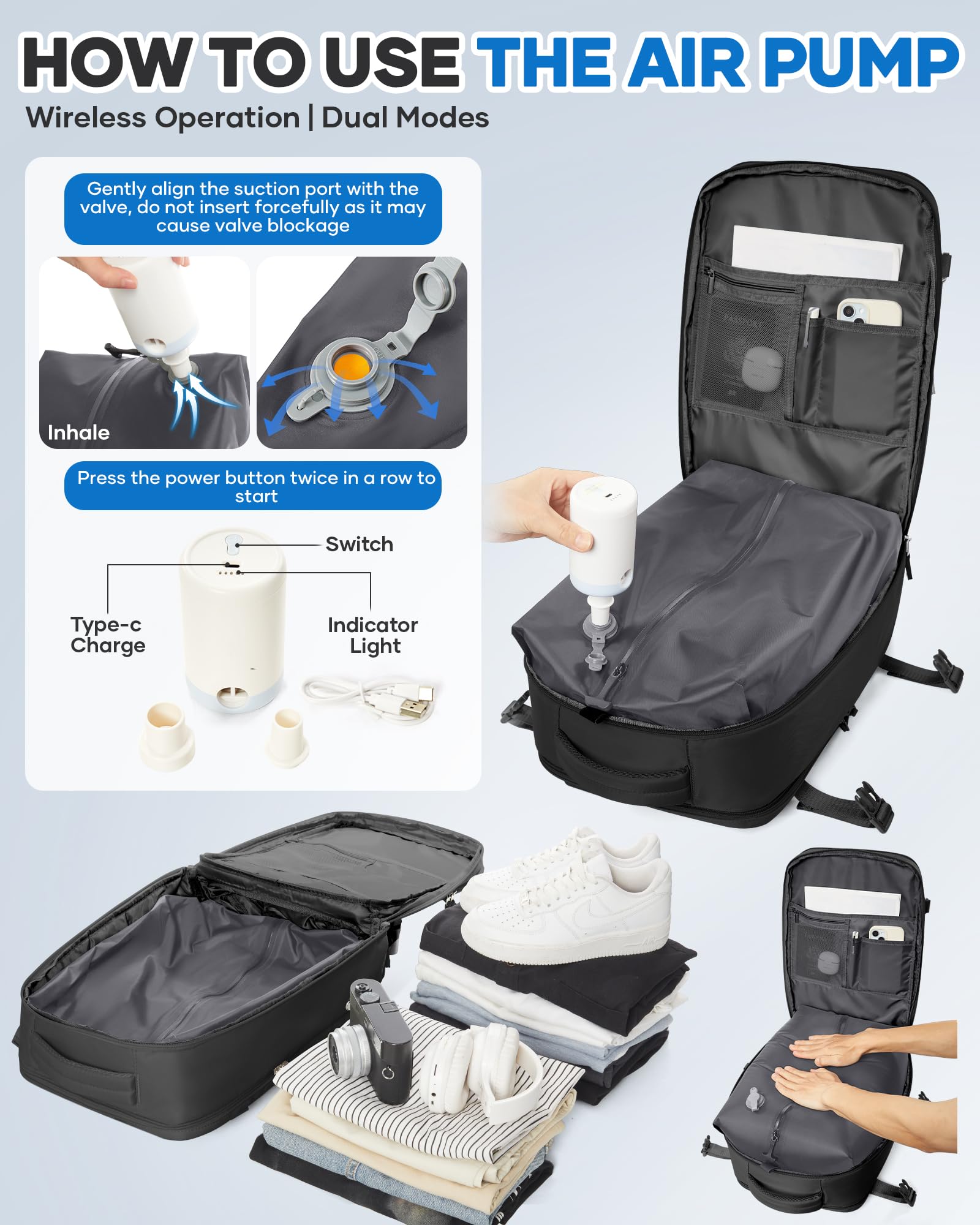 BJLFS Zaino da Viaggio con Sottovuoto Ryanair 40x30x20 Wizzair Bagaglio a mano 40x20x25 Ryanair con Pompa Borse da Cabina per Easyjet 45x36x20 con compressione sottovuoto,Zaino Casual per Laptop