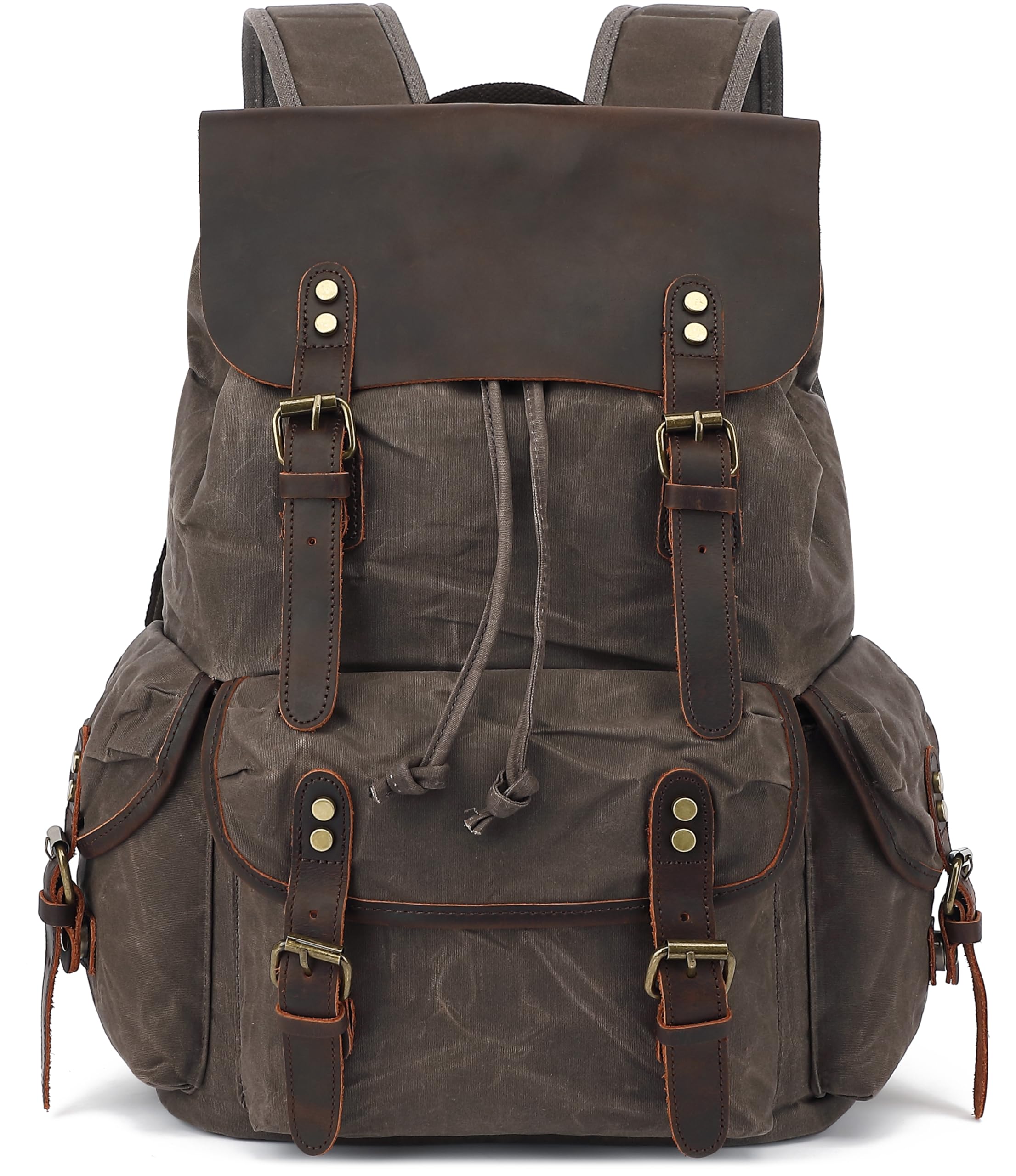 HuaChen Vintage Waxed Canvas Backpack with Genuine Leather Flap, Travel & Work Rucksack, Water-Resistant Daypack with Anti-Theft Pocket, OVERSIZE -