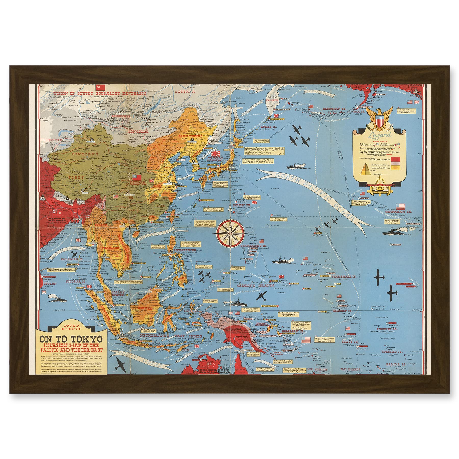Artery8 Military Map Turner 1944 World War WWII On To Tokyo Pacific Artwork Framed Wall Art Print A4