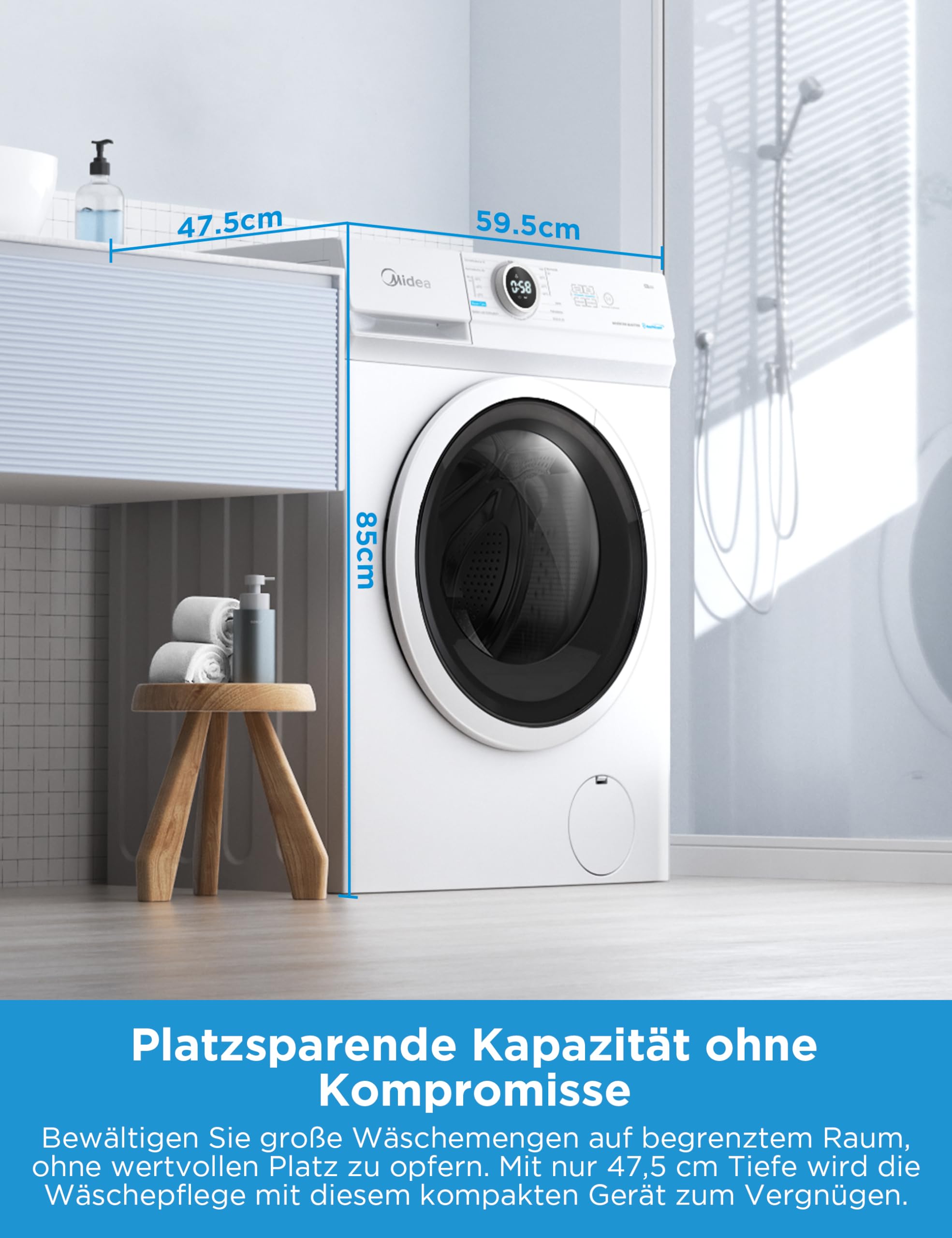 Midea MF10EW70BA10 Waschmaschine 7kg 1400 U/Min EEK A-10% Inverter Quattro Motor Dampffunktion Weiß