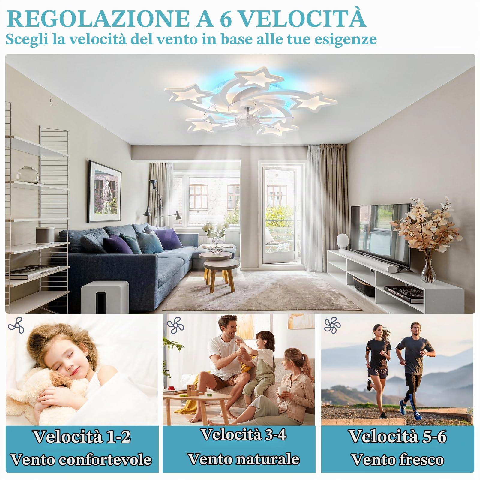 Lampada ventilatore da soffitto con luce e telecomando silenzioso, Ceiling Fan With Light con luce RGB regolabile a 6 velocità per soggiorno, sala da pranzo bianco
