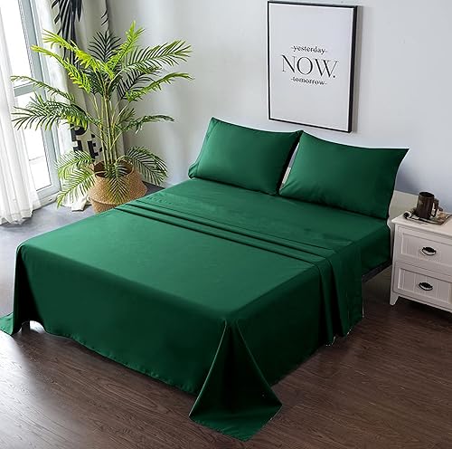 Juego de sábanas prémium de 4 piezas color verde cazador de 16 pulgadas de profundidad suave al tacto, plano, ajustado, fundas de almohada (Queen) disponible en Yaxa Mexico
