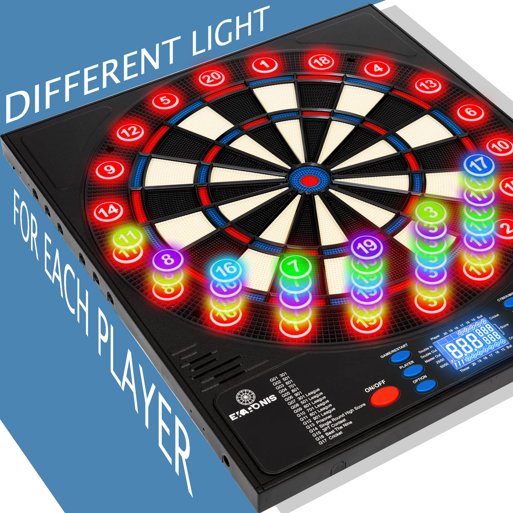 Bersaglio elettronico per 34 giochi, 355 varianti con 12 freccette illuminate per 12 freccette