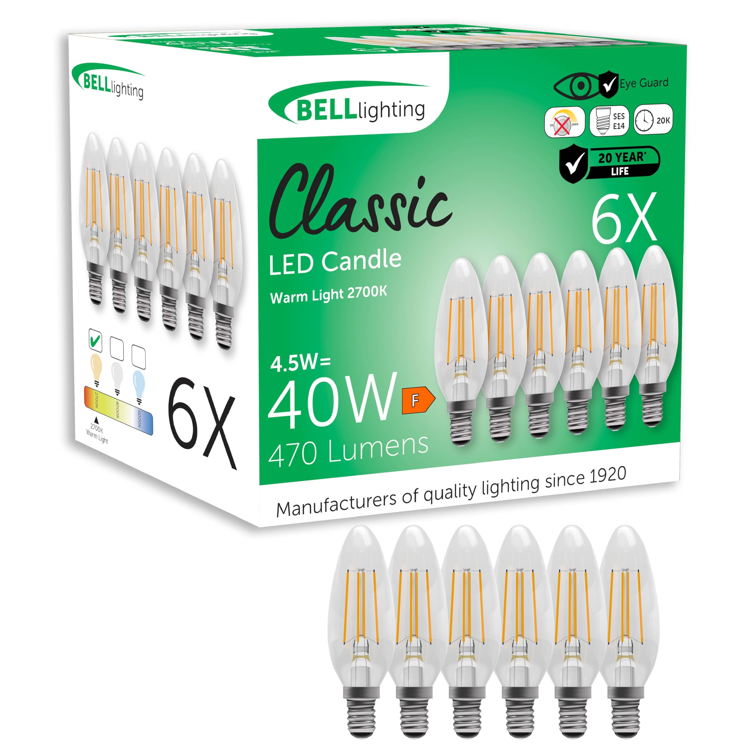 BELL Lighting E14 Small Edison Screw Cap Filament Light Bulb LED Candle 6 Pack, Warm White - 2700k