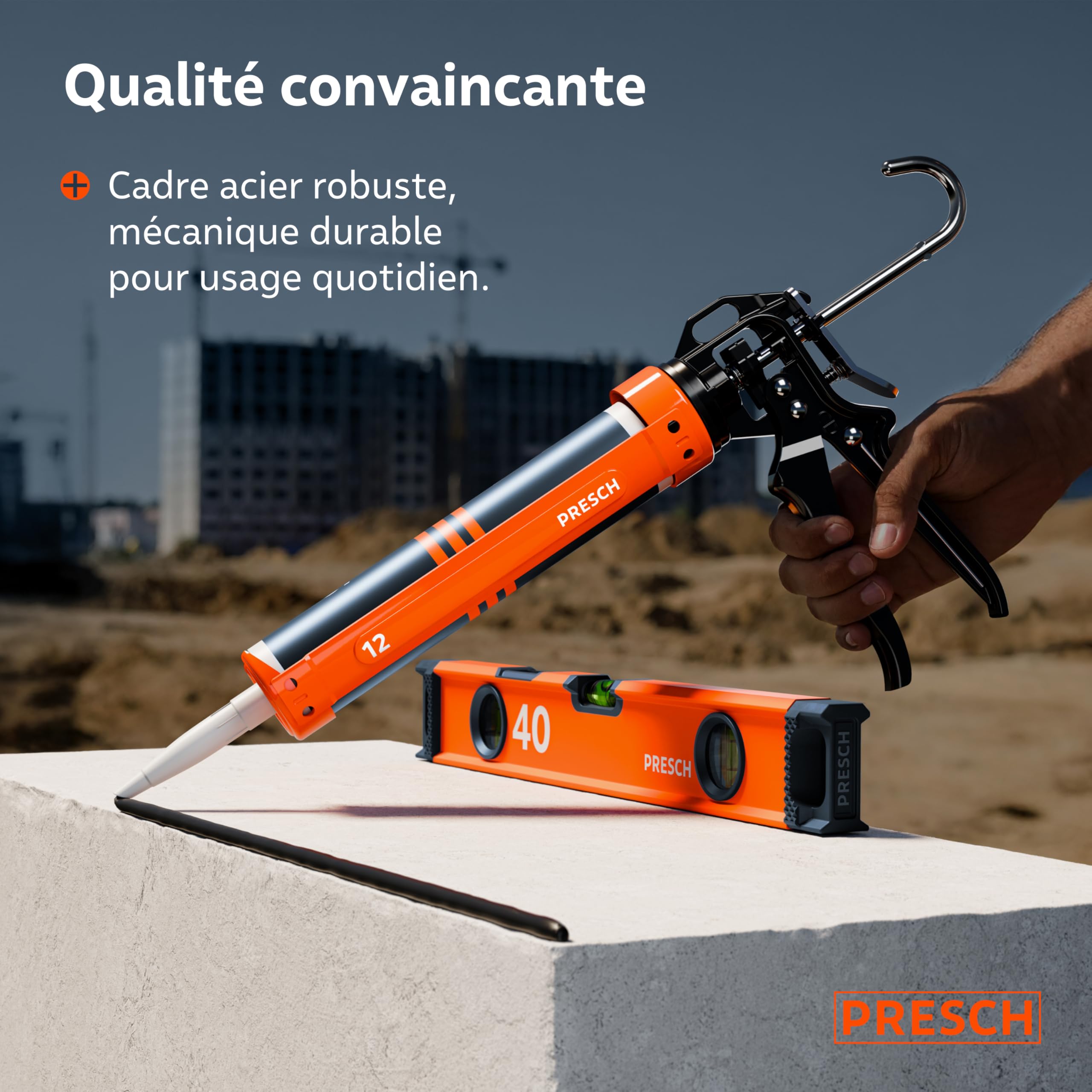 Presch Pistolet silicone 12:1 rapport de poussée anti-goutte – Pistolet à cartouche 310ml pivotement 360° aiguille de perçage