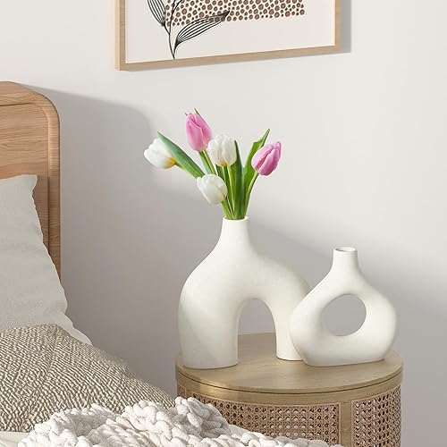Miniatura 3 de Juego de 2 jarrones de cerámica blanca, jarrones de hierba de las pampas para decoración del hogar, jarrones redondos mate boho para flores, jarrón