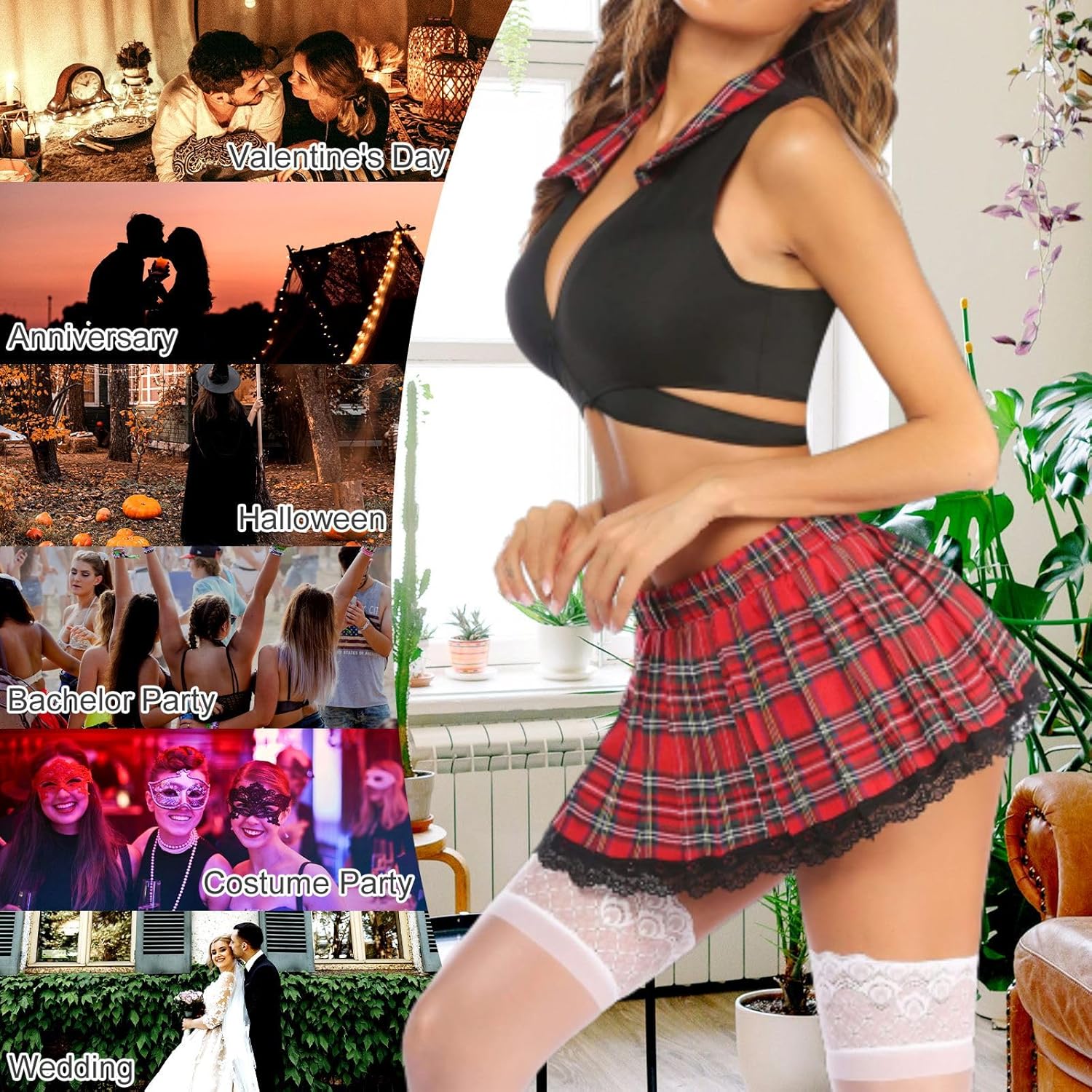 Women Sexy Lingerie Set Roleplay Costume Schoolgirl Outfits Cosplay Uniform Halter Tie Top and Plaid Mini Skirt - Image 6