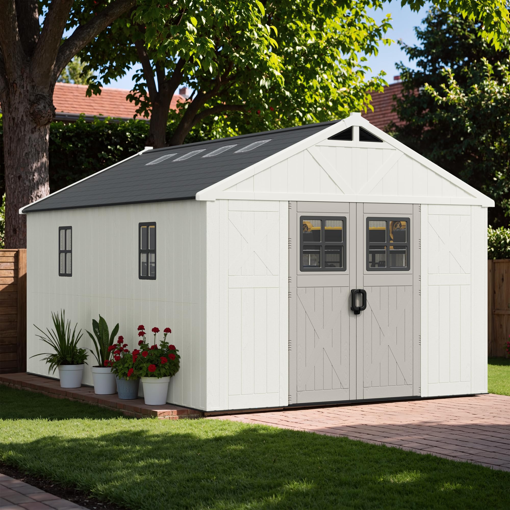 Photo 1 of ****** missing 2 boxes 11/13******* Greesum 10×14 FT Plastic Outdoor Storage Shed with Floor and Lockable Door, Resin Sheds with Windows and Skylights, Weather Resistant Organization for Garden, Lawn, Pool Supplies, Beige