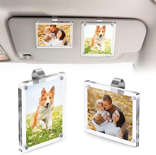 2 clips de fotos para visera de automóvil, marco de fotos cuadrado magnético de 3 x 3.5 pulgadas para visera solar de automóvil, pantalla acrílica