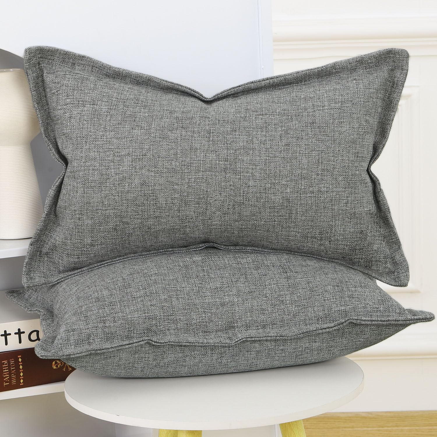 Madizz Set of 2 Faux Linen Cushion Covers with Broad Edge Soft Boho Decorative Pillow Cases for Sofa Bedroom Modern Pillow Shell 12x20 inch - Image 2