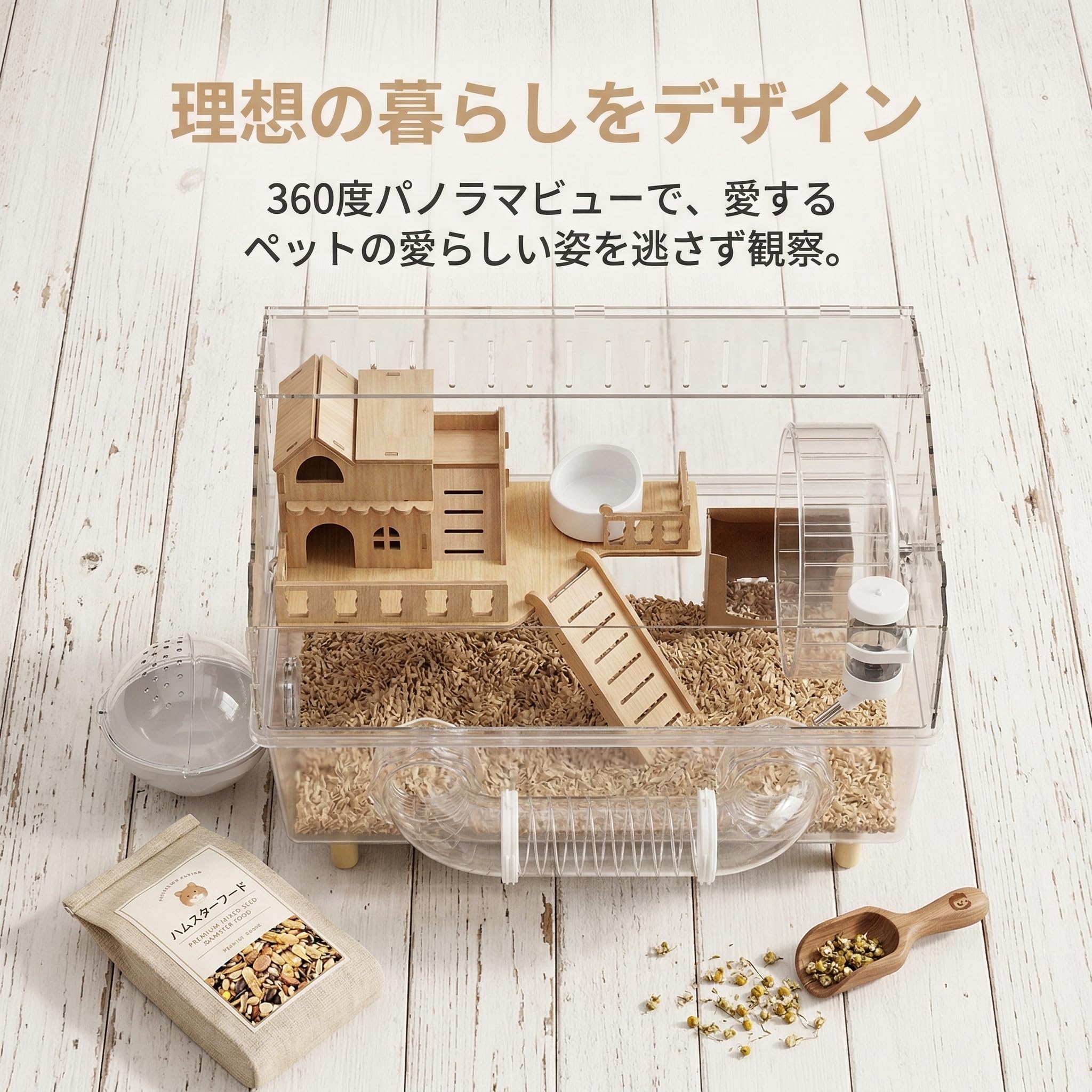 木製多段飼育ケージ 透明トレイ付き　2台セット Amazon | ハムスターケージ 2 階建て 透明アクリル製｜複数飼い対応（3