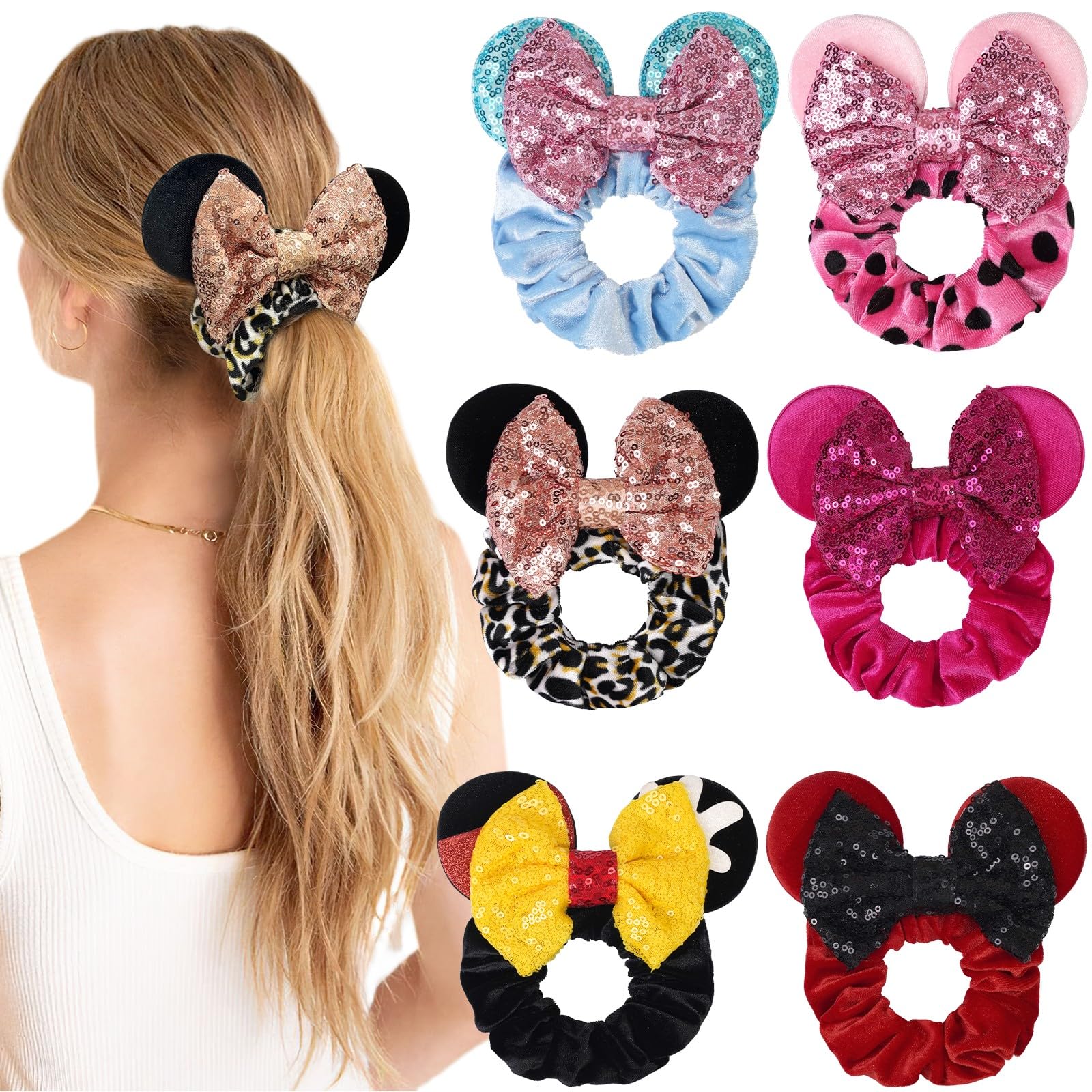 6Pcs Mouse Mickey Ears Scrunchies Velvet Sparkle Sequin Minnie Bows Hair Scrunchies Hair Ties Elastic Rubber Bands Ponytail Holders for Kids Women Girls Adult Christmas Party Decoration