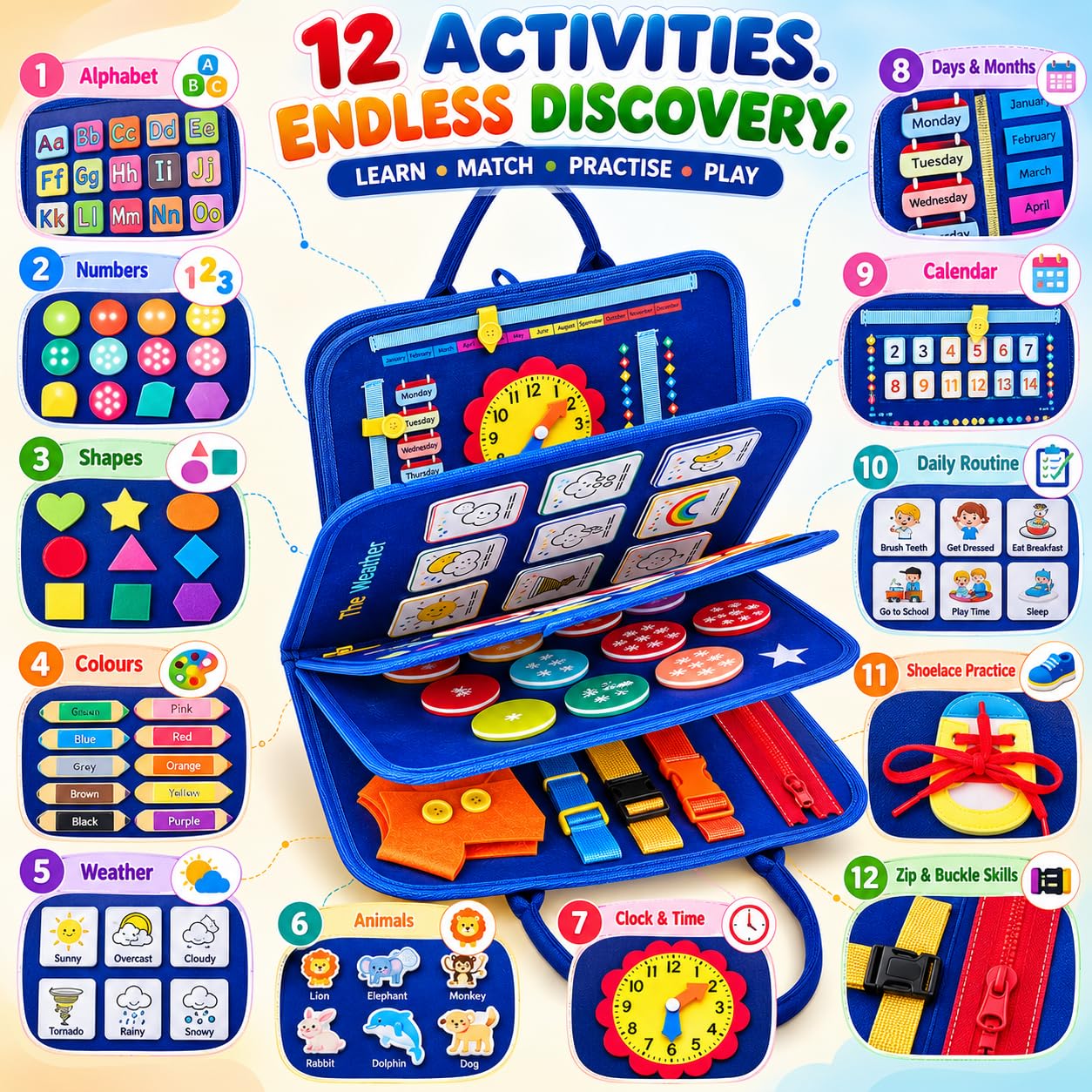 Qlect 12 in 1 Toddler Busy Binder & Busy Book for Toddlers 1-3 Years - Montessori Busy Board & Activity Book Kids 2-4 - Engaging Toys for 2-3 Years - Educational - ISI Approved, Made in India, Blue — Amazon image 2