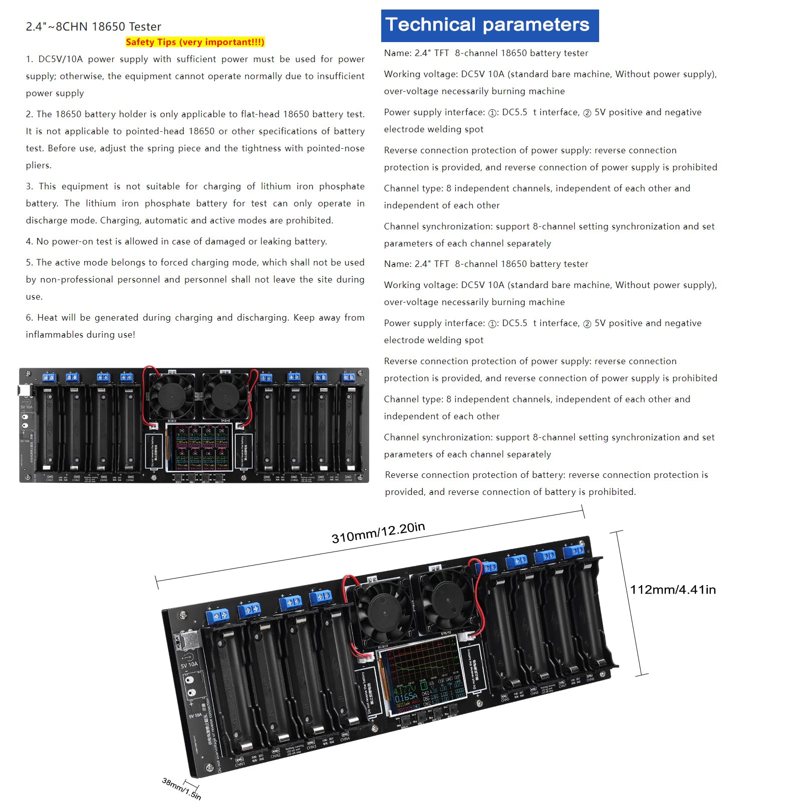8-Kanal Batterietester 2,4-Zoll-TFT-Display Batteriekapazitätstest mit Multi-Mode-Funktionalität Verbesserte Sicherheit und intuitive Anzeige