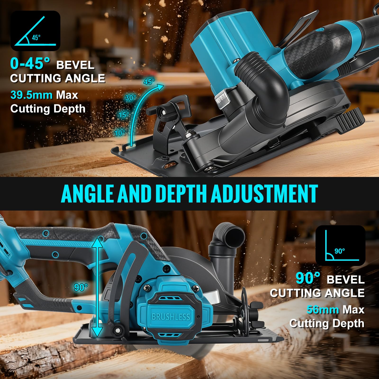 Akku Kreissäge für Makita 18V Batterie – Bürstenlose Mini Handkreissäge mit 2 Sägeblättern(150mm) – 6500 U/min, Schnitttiefe 56 mm, 0‑45° neigbar – Ideal für Holz & Kunststoff (Ohne Akku)