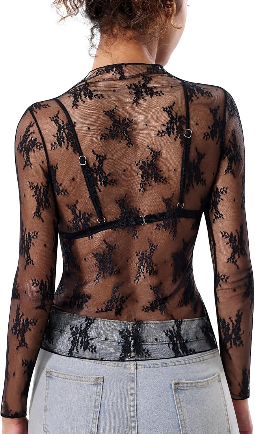 Mesh Long Sleeve Top for Women Lace Sheer Tops Sexy See Through Shirts Mock Neck Embroidery Blouses Going Out Clubwear S-XXL - Image 4