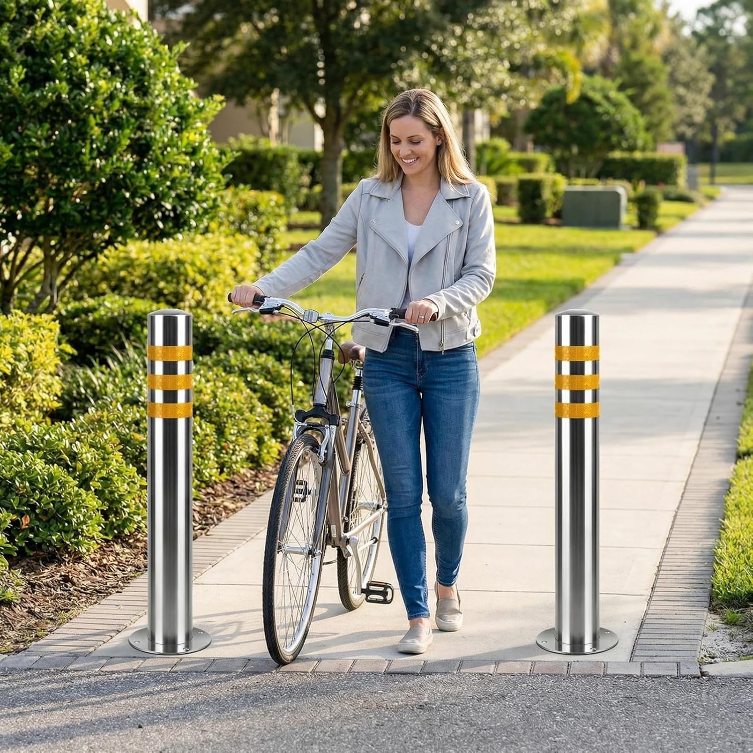 Stainless Steel Detachable Safety Bollard, Built in Safety Lock with Reflective Strip and Chain Loop, Parking Barrier(1pcs)