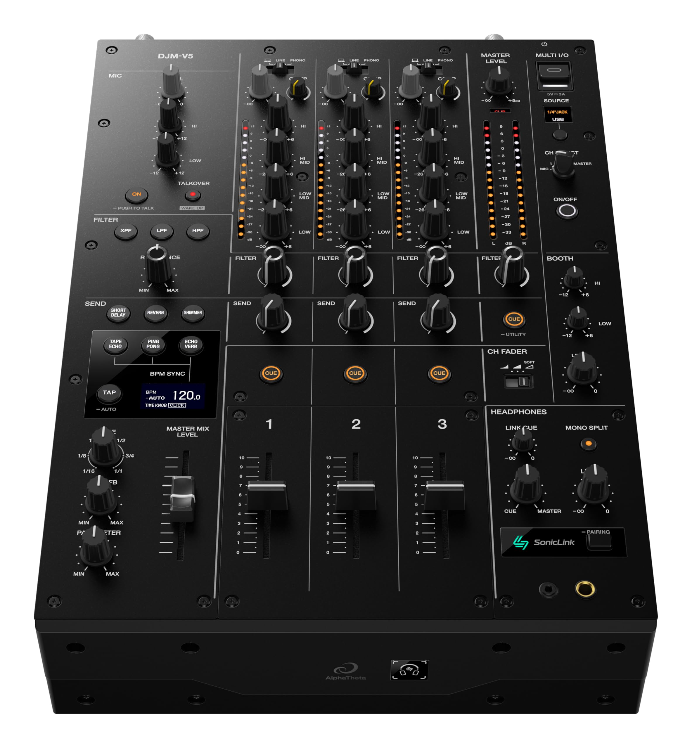 AlphaTheta Pioneer DJ DJM‑V5 Mezclador DJ profesional de 3 canales, AD/DA ESS de 32 bits, EQ de 4 bandas, Beat‑Synced Send FX, filtro cruzado, transmisor inalámbrico SonicLink, Pro DJ Link - Negro