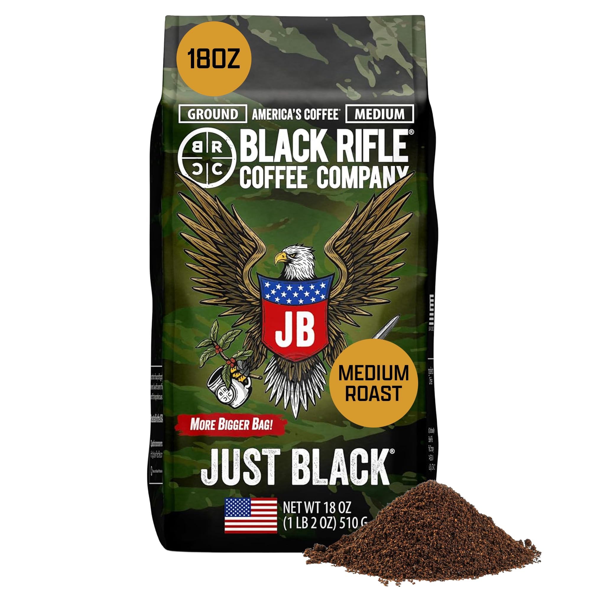 Black Rifle Coffee Company Just Black, 18oz Bag, Ground Coffee Medium Roast - Roasted Blend Made from Arabica Beans - Colombian & Brazilian Beans - Veteran Founded & American Made