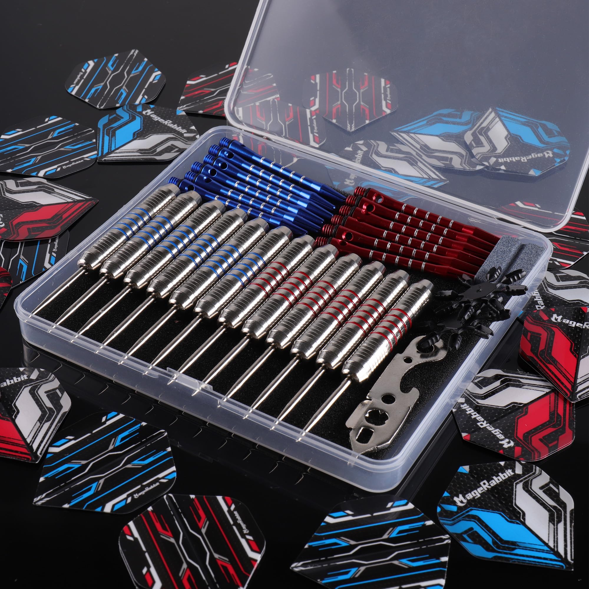 MageRabbit Lot de 12 fléchettes à pointe en métal de 20 g avec tiges de fléchettes supplémentaires, 24 ailettes de fléchettes, 2 protections de vol de fléchettes, kit d'outils de fléchettes