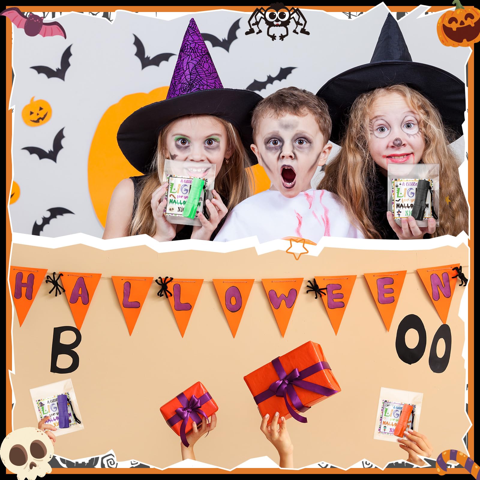 Flutesan 24 Sets Halloween Geschenke Bulk Taschenlampen Set mit ein wenig Licht für Halloween Nachtkarten 9 LED Handlichter mit OPP-Beutel für Gastgeschenke
