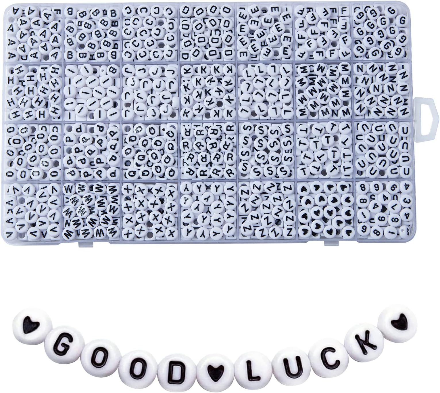 1400pcs Acrylic Alphabet Beads, 7mm Round, White and Black Letter, DIY Jewelry Making