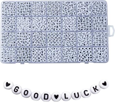 1400pcs حرف الخرز، 4 x7 mm الاكريليك الأبجدية الخرز، الخرز لصناعة المجوهرات والسوار، في 28 Grid Box أبيض وأسود