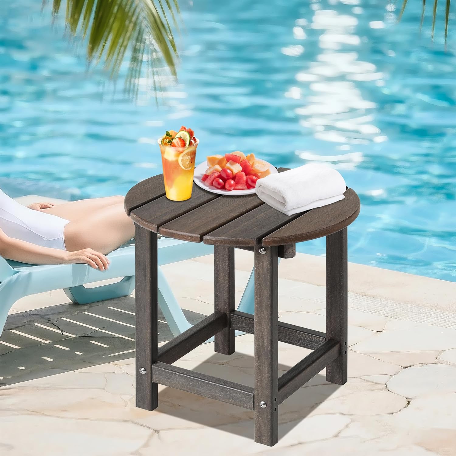lzrs round adirondack patio side table end table, outdoor side tables for patio, backyard,pool, indoor companion, easy maintenance & weather resistant(brown mixture) e:round table brown mixture