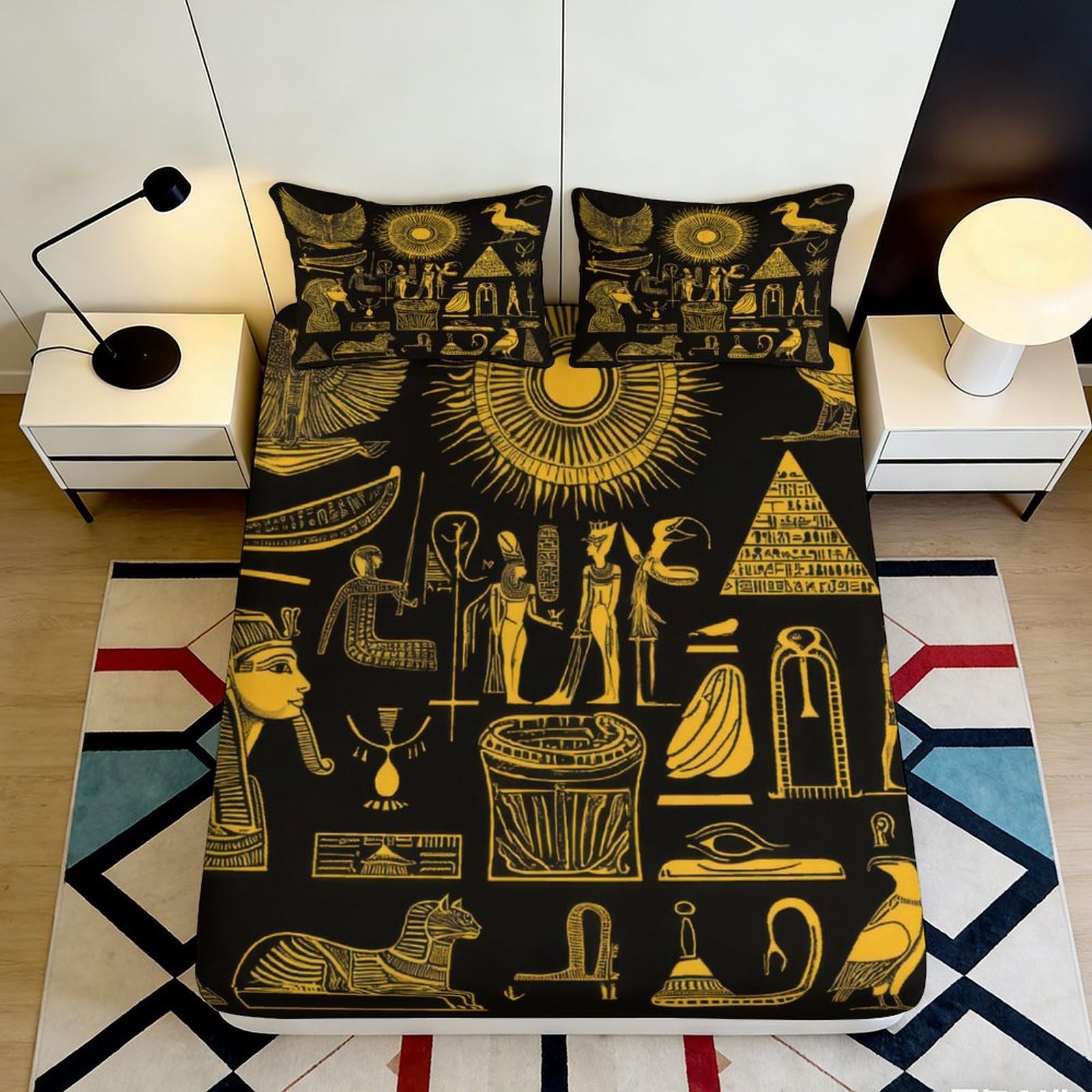 3D Printed Egyptian Symbols Fitted Sheet Microfiber Soft Durable 3D Printed Hieroglyphics Mattress Cover for Bedroom Dormitory Guest Room 180x200x25cm