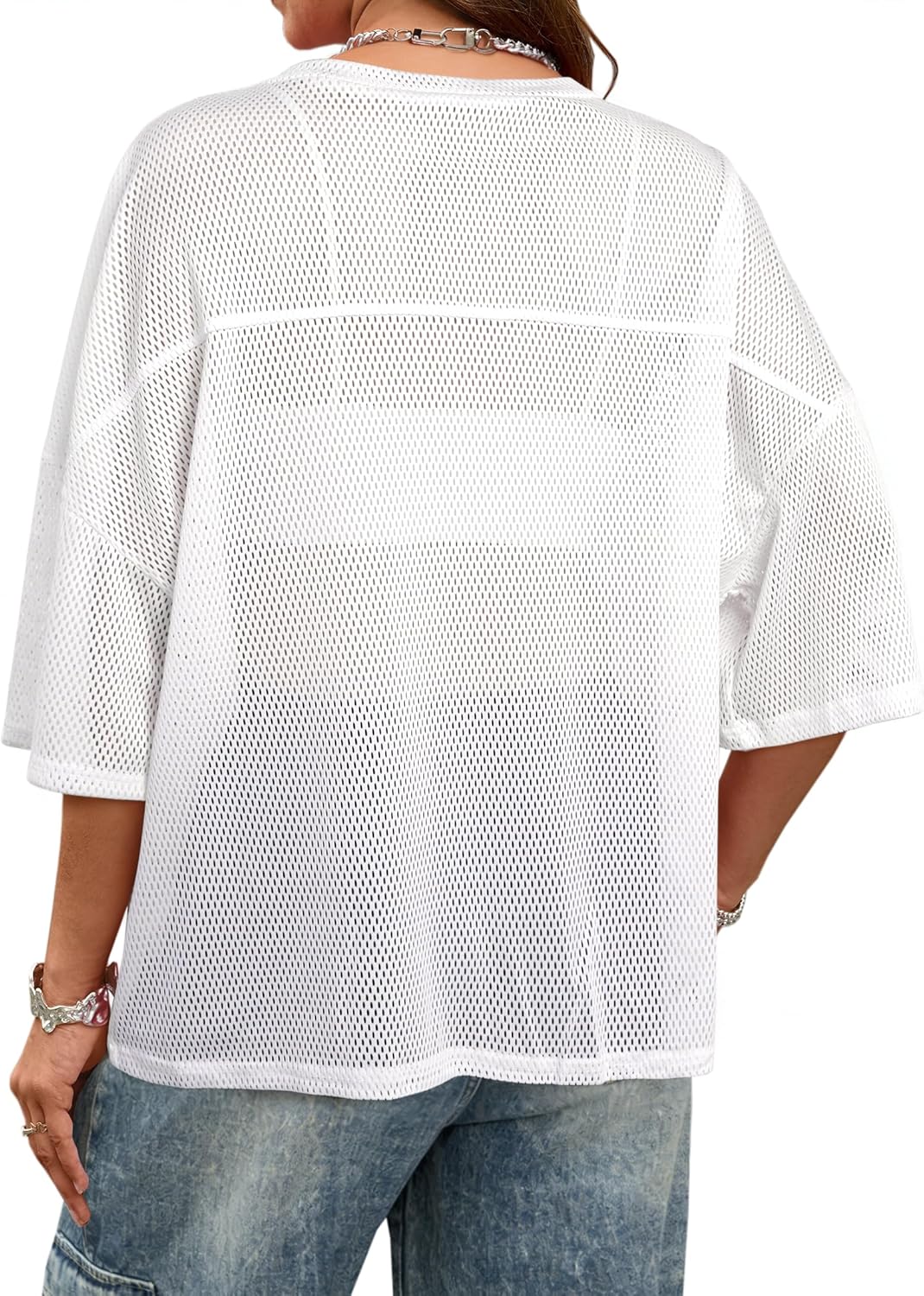 Hilinker Womens Oversized Mesh Jersey Shirts V Neck Short Sleeve Tops Casual Graphic Tees - Image 2