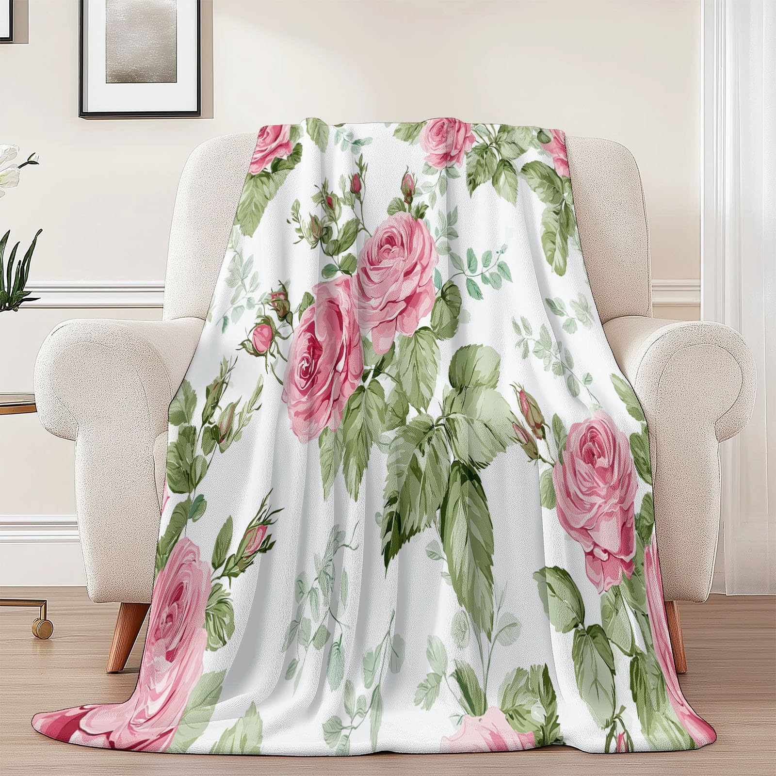 Decke Flanell 200 x 220 cm Geschenke für Frauen und Männer - Vintage Pflanzen Rosen Blumen Witzige Geschenke für Freunde zu Weihnachten und Geburtstag, Rosa
