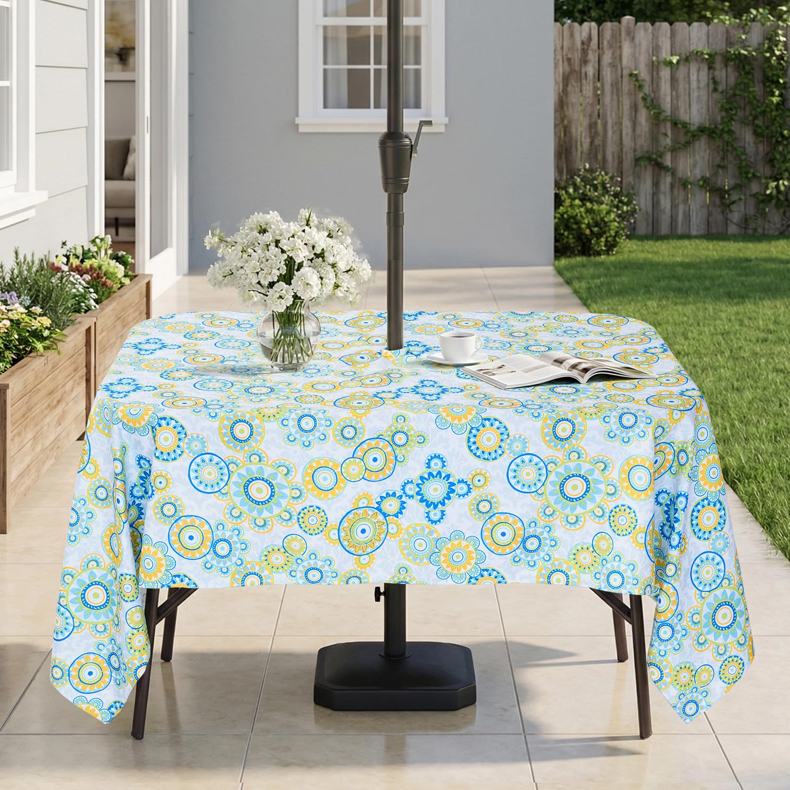 Eternal Beauty 60''X84” Rectangle Tablecloth Waterproof Outdoor Tablecloth with Umbrella Hole Zipper for Patio Spring Summer Picnic Tables (Floral Circle)