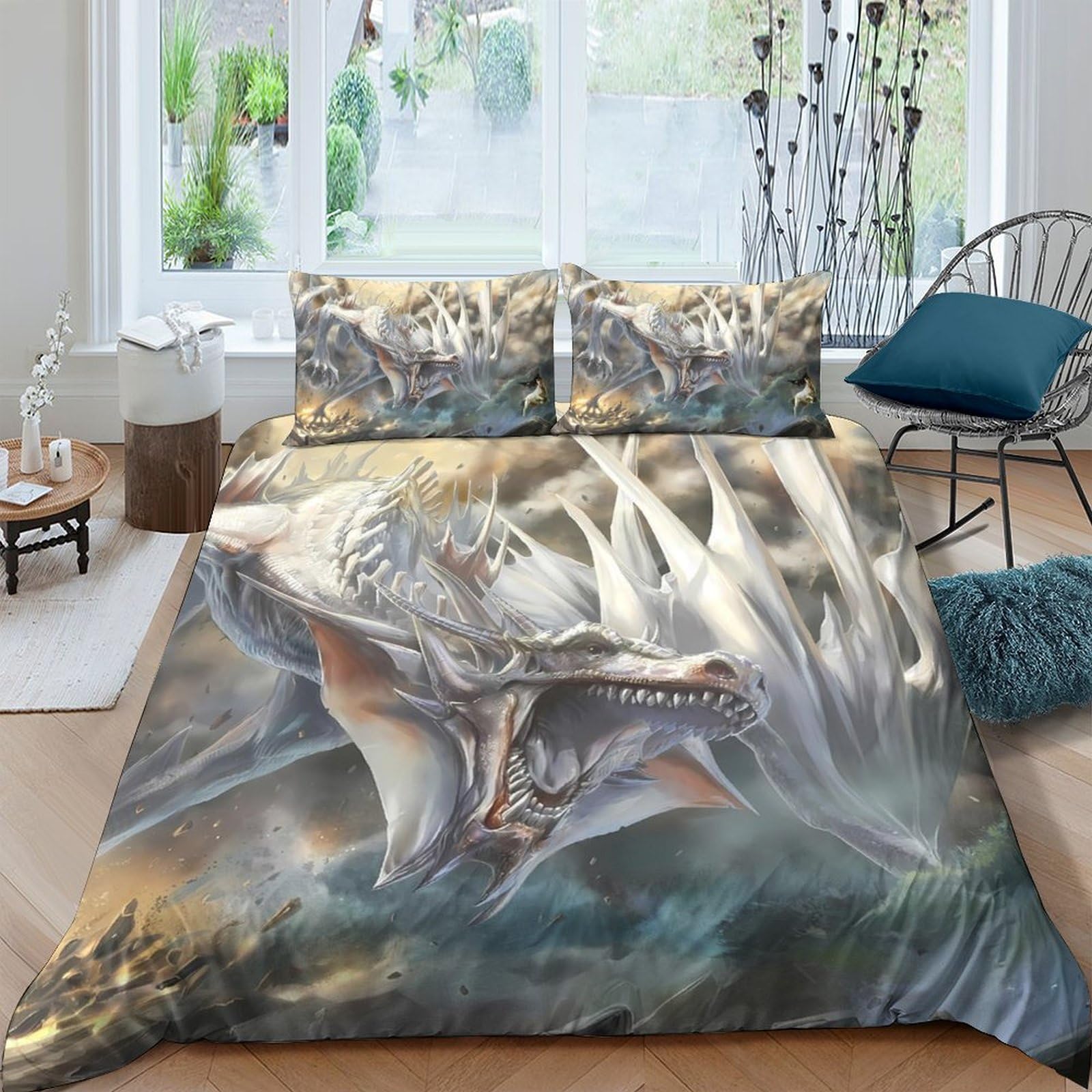 Ctjqhvkz Style-10 3D Printed White Dragon Fitted Sheet Microfiber Fantasy Storm Bed Cover For Bedroom Guest Room Decor Protection Single（135X200cm）