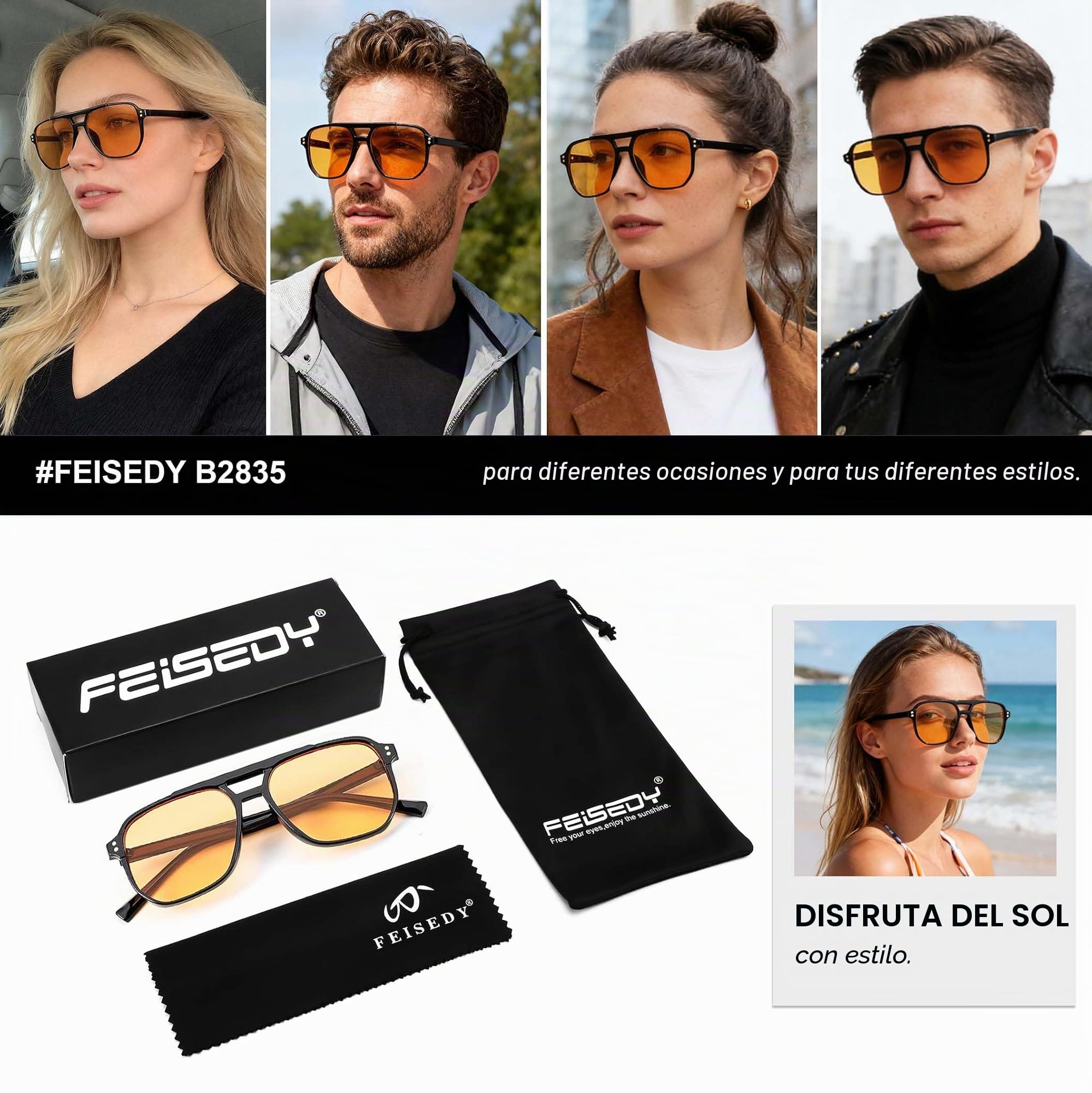 Gafas de Sol FEISEDY Retro 70s Cuadradas Vintage Doble Puente Protección UV400