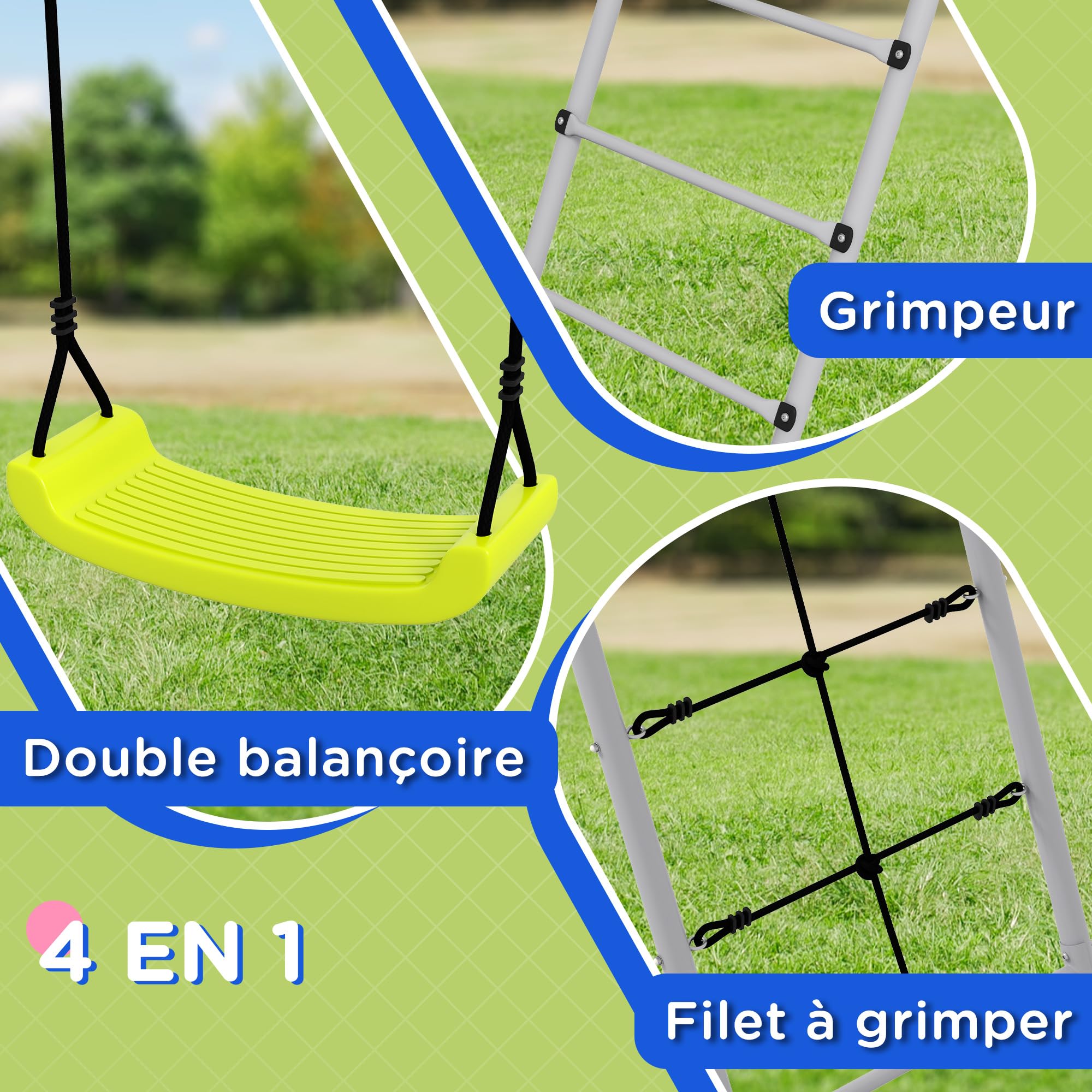 Outsunny Balançoire Portique pour Enfant 4 en 1, 2 Sièges, 180 kg, Vert | Échelle Grimpeuse, Filet d'Escalade, Structure Métallique, Balançoire de Jardin