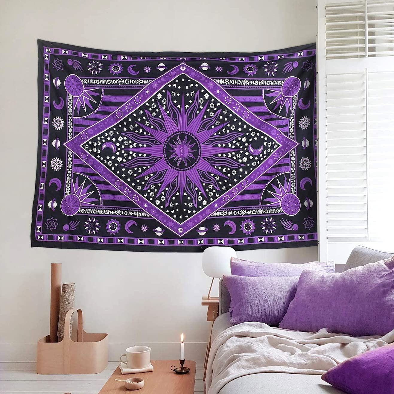 raajsee Sun Moon Purple Tapestry Aesthetic-Zodiac Mandala Tapestry Wall Hanging - Celestial Wall décor Burning Sun Tapestries for Bedroom – Tarot Card Boho Tapestrys Hippie 30x40 Inches