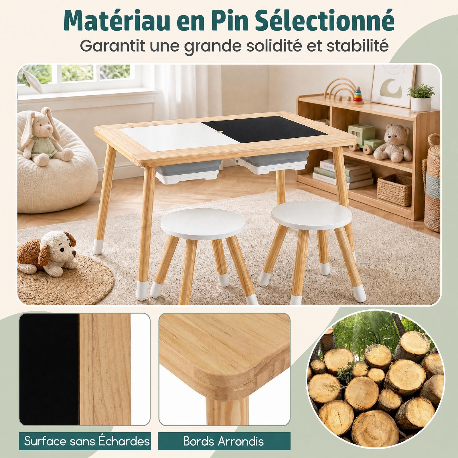 GOPLUS Table Sensorielle Enfant Extérieure avec 2 Chaises (Naturel)